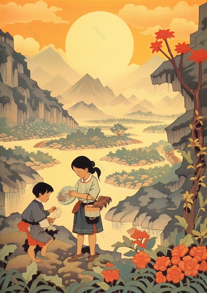 古风高山流水下的两位小朋友背景,插画/手绘图,插画/手绘图库,插画/手绘图下载,插画/手绘